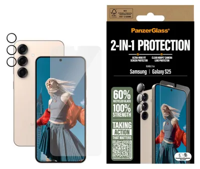 Productafbeelding van PanzerGlass® 2-in-1 beschermpakket voor de Samsung Galaxy S25, Samsung, Samsung - Galaxy S25, Zelfklevend, Krasbestendig, Stootvast, Transparant, 1 stuk