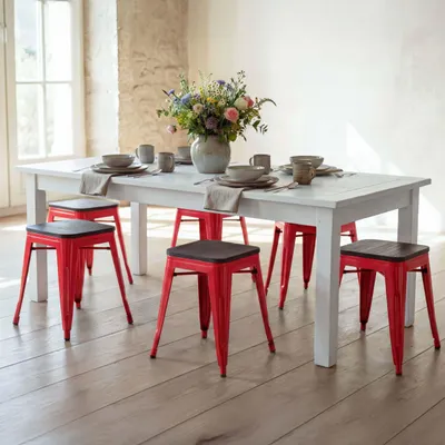 Image de lot de 6 tabourets HWC-A73 avec assise en bois, tabouret métallique, métal design industriel empilable ~ rouge