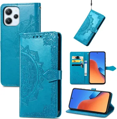 A collage of images showing a blue flip phone case with a mandala design, displayed from different angles and in use.