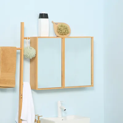Produktbild von Sweiko Badschrank mit Spiegeltüren, mehrere Innenfächer, robustes Gehäuse aus Bambusholz, 65,2 x 14 x 50 cm