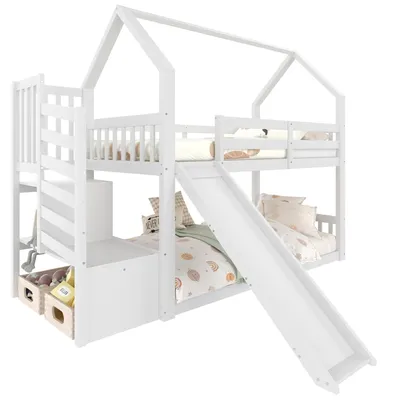 Produktbild von Etagenbett mit 2 Schlafgelegenheiten, Rutsche, Lattenrost, Rausfallschutz, 90x200cm, Kinderbett, Kiefer