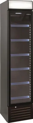 A tall, narrow, black beverage cooler with a glass door and internal shelves.