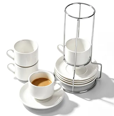 Produktbild von Set aus 4 Cappuccinotassen mit Untertassen und Ständer