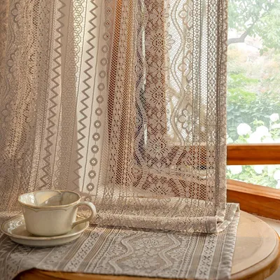 Productafbeelding van HOME Kanten gordijnen met bloemenpatroon - Gordijnen voor woonkamer - Boho-gordijn - Transparant - Gordijnen in landelijke stijl - Roedezak