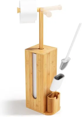 Obrázek produktu pro Stojan z bambusu s kartáčem – toaletní stojan 3 v 1 s úložným prostorem, stojan na kartáč s kartáčem, HBT 71,6 x 15,5 x 21,5 cm