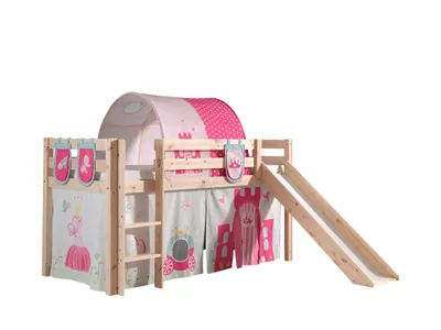 Image de Lit de jeu Vipack Pino incl. toboggan, surface de couchage 90x200 cm avec set textile rideau, tunnel et 3 sacs "Princes