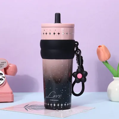 Productafbeelding van RVS thermosbeker met deksel en rietje - 316 roestvrij staal, geïsoleerde koffiebeker voor onderweg - Herbruikbare waterfles voor dames - Roze