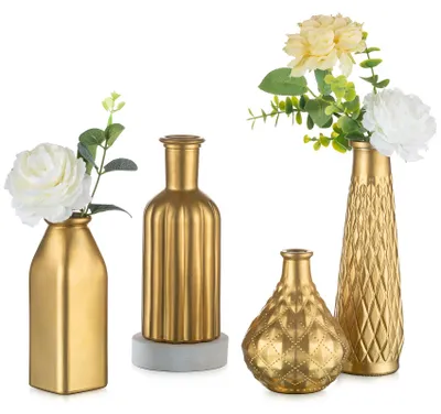 4er-Set goldene Knopfvasen aus Glas, 19 cm, Tischdeko