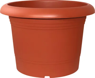 A brown plastic planter pot is shown against a white background.