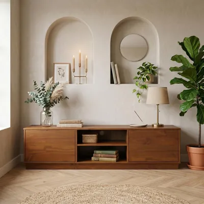 Produktbild von Lowboard MAITE 170 cm aus Massivholz, Kastanie Finish - TV Board mit Kabelauslass, Kommode mit offenen Mittelfach, Wohnzimmermöbel mit Push-to-Open Funktion