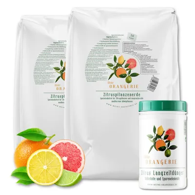 Produktbild von Meine Orangerie Zitrus-Umtopf-Paket - Beste Zitruserde [20l] + Zitrus-Langzeitdünger [1kg] - für kinderleichte Zitruspflanzen-Pflege