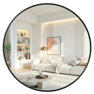 Produktbild von SONGMICS Wandspiegel, Spiegel rund, Metallrahmen, 80 cm d, für Bad, Wohnzimmer, Schlafzimmer, Flur, schwarz