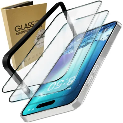 Zdjęcie produktu dla 2x szkło ochronne z aplikatorem do iPhone'a 15 Pro 9H z folią ochronną na cały wyświetlacz