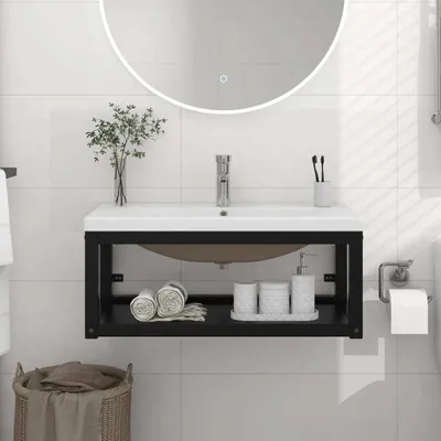 Immagine prodotto di The Living Store Mobiletto da bagno con lavabo in ferro nero