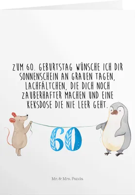Produktbild von Mr. & Mrs. Panda Geburtstagskarte 60. Geburtstag Maus Pinguin - Weiß - Geschenk, Einladungskarte, einladungskarten, Grußkarten, Kuchen, Geburtstagskarten, Torte