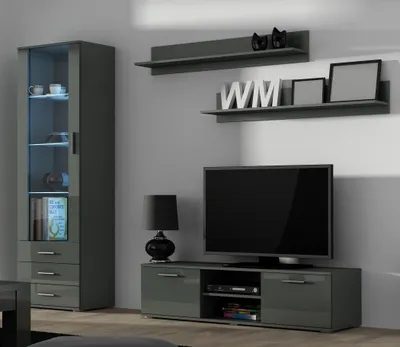 Produktbild von Furniture24 Wohnwand SOHO 7 mit Blauer LED Beleuchtung, Anbauwand, Wohnzimmerschrank, Schrankwand, Vitrine, Lowboard, Hängeregal Grau/Grau Hochglanz