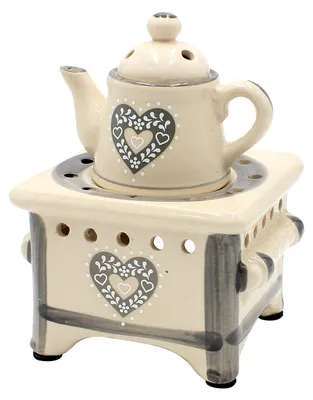 Immagine prodotto di Dekohelden24: Lampada profumata a forma di stufa con teiera e cuore, colore grigio / Lampada aromatica / Candela profumata / Diffusore di fragranze