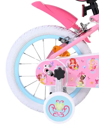 Image de Vélo pour enfants Volare Magic Royals, modèle pour filles, 14 pouces, couleur rose, avec deux freins à main, panier et stabilisateurs