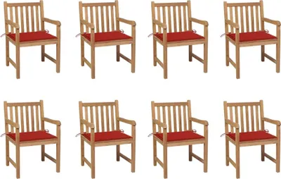 Produktbild von The Living Store Gartenstühle 8 Stk. mit Roten Kissen Massivholz Teak