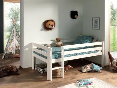 Produktbild von VIPACK Kojen-Spielbett mit Liegefläche 90 x 200 cm, inkl. Leiter und Rolllattenrost, Kiefer massiv weiß lackiert