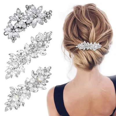 Image de 3 barrettes ornées de strass, épingles à cheveux argentées pour mariage, barrettes ornées de cristaux et de perles, accessoires pour cheveux avec des fleurs de mariée, barrette avec une fleur en cristal, accessoires pour cheveux pour les mariées, les demoiselles d'honneur et les demoiselles d'honneur