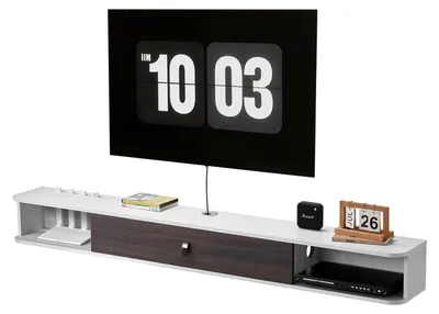 Zdjęcie produktu dla VEVOR szafka TV uchwyt ścienny, szafka TV z otworami na kable do odtwarzacza DVD, konsoli do gier, nośność szafki 52kg, biały, długość 180cm