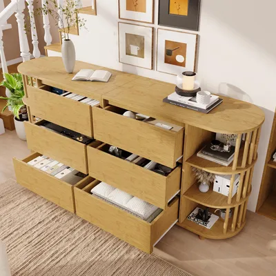 Produktbild von STILVORA Sideboard mit 6 Schubladen und offenen Regalen,Kommode mit Säulendesign und Bambus-Regalen,Aufbewahrungsschrank mit höhenverstellbaren Füßen