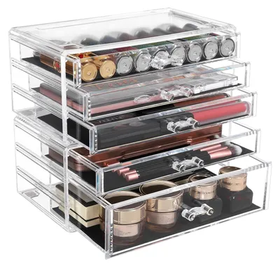 Image de Rangement pour maquillage, 2 boîtes de rangement empilables pour bijoux et cosmétiques, avec 5 tiroirs, en plastique, transparent JMU32TP