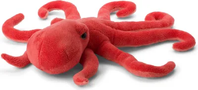 A red plush octopus toy is shown from a slightly elevated side angle on a white background.