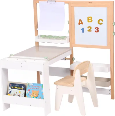 Immagine prodotto di Sunny Olivia Tavolo da disegno e bricolage in legno, bianco/beige | Tavolo da gioco multifunzionale con sedia, lavagna magnetica, lavagna nera e rotolo di carta | 80 x 40 x 115 cm