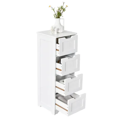 Produktbild von Costway Freistehender Badezimmerschrank, Weiß, 4 Schubladen, MDF, 30x30x83cm, Anti-Kipp-Vorrichtung, wasserdicht