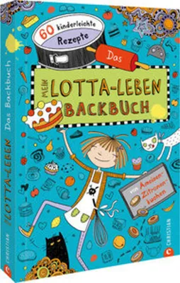 A children's cookbook cover illustration featuring a cartoon girl, a cat, and baking-related elements.