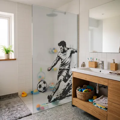 Produktbild von Sichtschutzfolie Milchglasfolie mit Kindermotiv Duschfolie Duschkabine Duschwand Küche Fenster Folie YX003-12 Fussball Schwarz 100x100cm