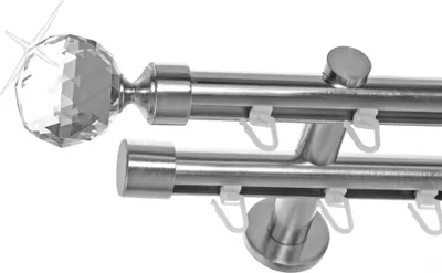 Produktbild von Innenlauf Gardinenstange Edelstahl Look 20mm Wandträger 2-läufig Zylinder Kristall Kugel, Länge wählbar H40 E87E30