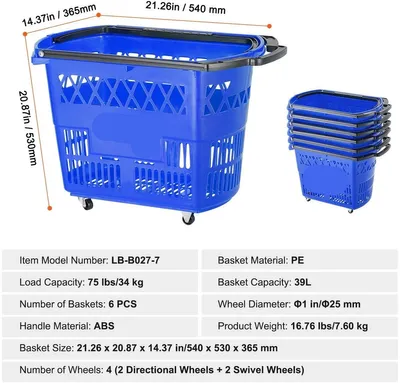 Obrázek produktu pro Nákupní košík - Nákupní vozík - Nákupní košík na kolečkách - Nákupní vozík - Objem 39 litrů s rukojetí, vhodný pro supermarkety a obchody