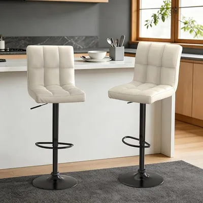 Imagen del producto de Juego de 2 taburetes de bar, con respaldo, regulables en altura, tapizados en cuero sintético (PU). Taburetes con respaldo y reposapiés, giratorios 360°, ideales para cocina, barra o bar (blanco/)