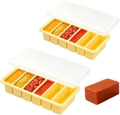 Produktbild von 2 Stück 6 Löcher Silikon Gefrierform mit Deckel, BPA-frei Suppen Einfrieren Behälter mit Fülllinien, Extra Große BehäLter Zum Einfrieren für Suppen, Brühen, Soßen und Butter (Gelb)