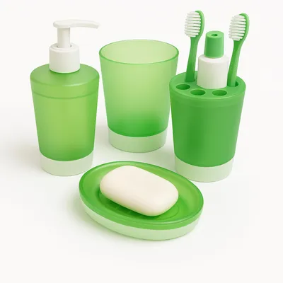 Productafbeelding van Badkameraccessoireset, 4-delig, groen, gemaakt van onbreekbaar plastic, voor de badkamerinrichting