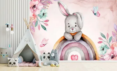 Obrázek produktu pro DECO WALLS Tapety do dětského pokoje zajíček a duha - výjimečná odolnost XXL 148x220 cm