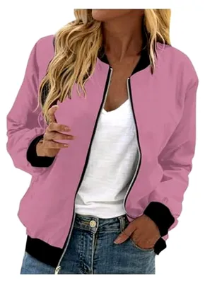 Produktbild von Damen Bomberjacke Langarm Casual Collegejacke Leicht Fliegerjacke Einfarbig Übergangsjacke mit Taschen Sportjacke Locker Bikerjacke