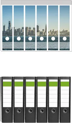 Produktbild von Wallario 6 Stück breite Ordner inkl. Klebeetiketten mit Motive Skyline von San Francisco -  Set mit Rückenschildern / Ordnerrücken Stickern