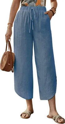 Produktbild von ASKSA Damen 7/8 Hose Leinenhose Laenge High Waist Weitem Bein Freizeithosen Casual Lose Leicht Sommerhose mit Taschen (Blau,XL)