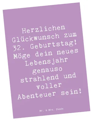 Produktbild von Mr. & Mrs. Panda Postkarte Spruch 32. Geburtstag Abenteuer - Lavendeltraum - Geschenk, Alter, kunstkarte, Ansichtskarte, aufregend, Glückwunsch, Happy Birthday, freunde