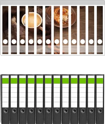 Produktbild von Wallario 12 Stück schmale Ordner inkl. Klebeetiketten mit Motive Kuchen und Kaffeegenuss -  Set mit Rückenschildern / Ordnerrücken Stickern