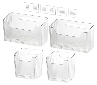 Image de Organiseur pour portes de placards de cuisine, lot de 4 boîtes de rangement pour portes de placards de cuisine, boîtes murales autocollantes, boîtes de rangement fixées au mur, organiseur de cuisine suspendu transparent pour placards et salles de bains