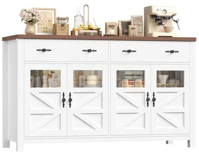 Image de Buffet de 140 cm de largeur - Armoire de cuisine - 2 étagères réglables - 2 tiroirs - 4 portes - Bois moderne - Blanc