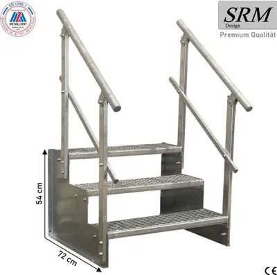 Zdjęcie produktu dla 3 stopnie model 2 schody wolnostojące ocynkowane Schody stalowe Wysokość stopnia 18 cm Szerokość 60 cm Wysokość 54 cm 2x poręcz
