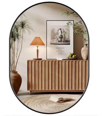 Obrázek produktu pro Oválné nástěnné zrcadlo 50x70 cm, hliníkový rám, kvalitní zrcadlové sklo, černé provedení, vhodné jako zrcadlo na líčení