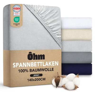 Produktbild von Ôhm Spannbettlaken 140x200 Grau – Jersey Spannbetttuch 100% Baumwolle Elastisch – Weich & Atmungsaktiv – Steghöhe 28 cm für Hohe Matratzen –
