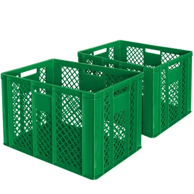 Two green plastic crates are shown against a white background.